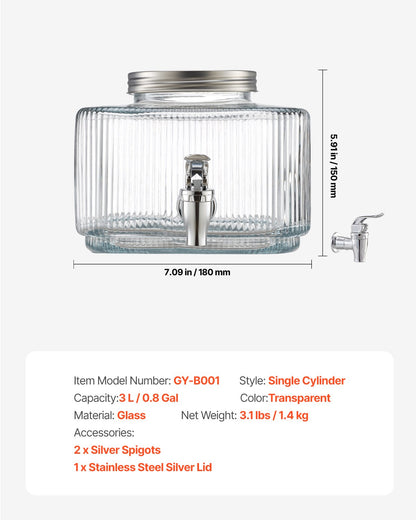 Beverage Dispenser, 0.8 Gallon Drink Dispensers for Parties, Glass Juice Dispenser with No-Drip Spigot and Lid, Iced Tea Lemonade Juice Water Dispensers for Restaurants, Hotels, Parties