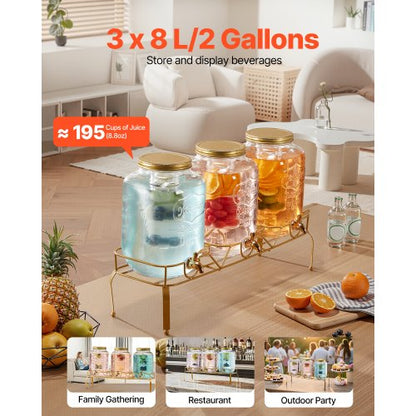 Drinks Dispenser 8L Drinks Dispenser for Parties Glass with Stand 3 PCS