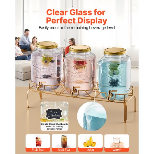 Drinks Dispenser 8L Drinks Dispenser for Parties Glass with Stand 3 PCS