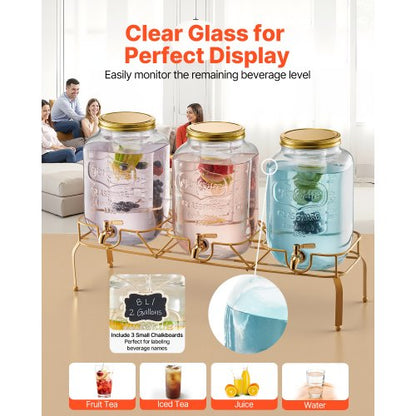 Drinks Dispenser 8L Drinks Dispenser for Parties Glass with Stand 3 PCS