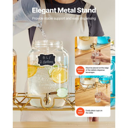 Drinks Dispenser 8L Drinks Dispenser for Parties Glass with Stand 3 PCS