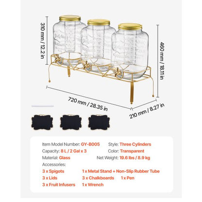 Drinks Dispenser 8L Drinks Dispenser for Parties Glass with Stand 3 PCS