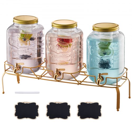 Beverage Dispenser, 3 Pack 2 Gallon Drink Dispensers for Parties, Glass Juice Dispenser with Metal Stand, Stainless Steel Spigot, Infuser, Iced Tea Lemonade Juice Water Dispensers for Parties