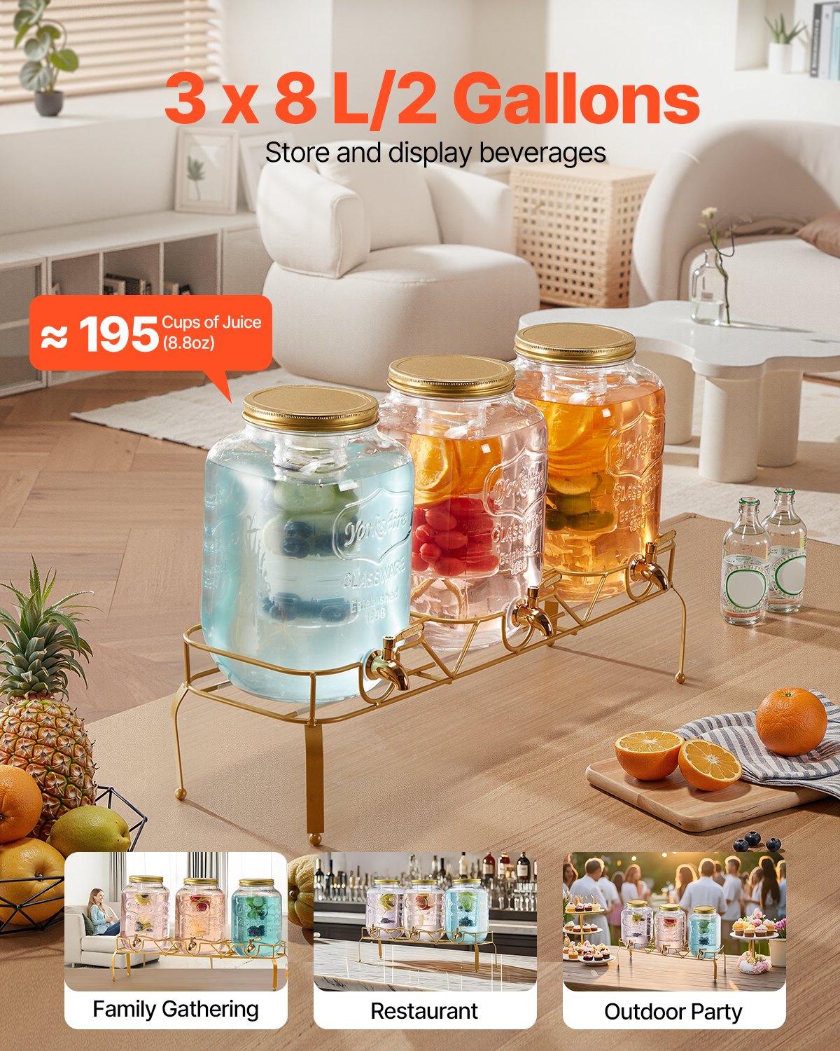 Beverage Dispenser, 3 Pack 2 Gallon Drink Dispensers for Parties, Glass Juice Dispenser with Metal Stand, Stainless Steel Spigot, Infuser, Iced Tea Lemonade Juice Water Dispensers for Parties