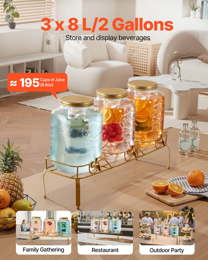 Beverage Dispenser, 3 Pack 2 Gallon Drink Dispensers for Parties, Glass Juice Dispenser with Metal Stand, Stainless Steel Spigot, Infuser, Iced Tea Lemonade Juice Water Dispensers for Parties