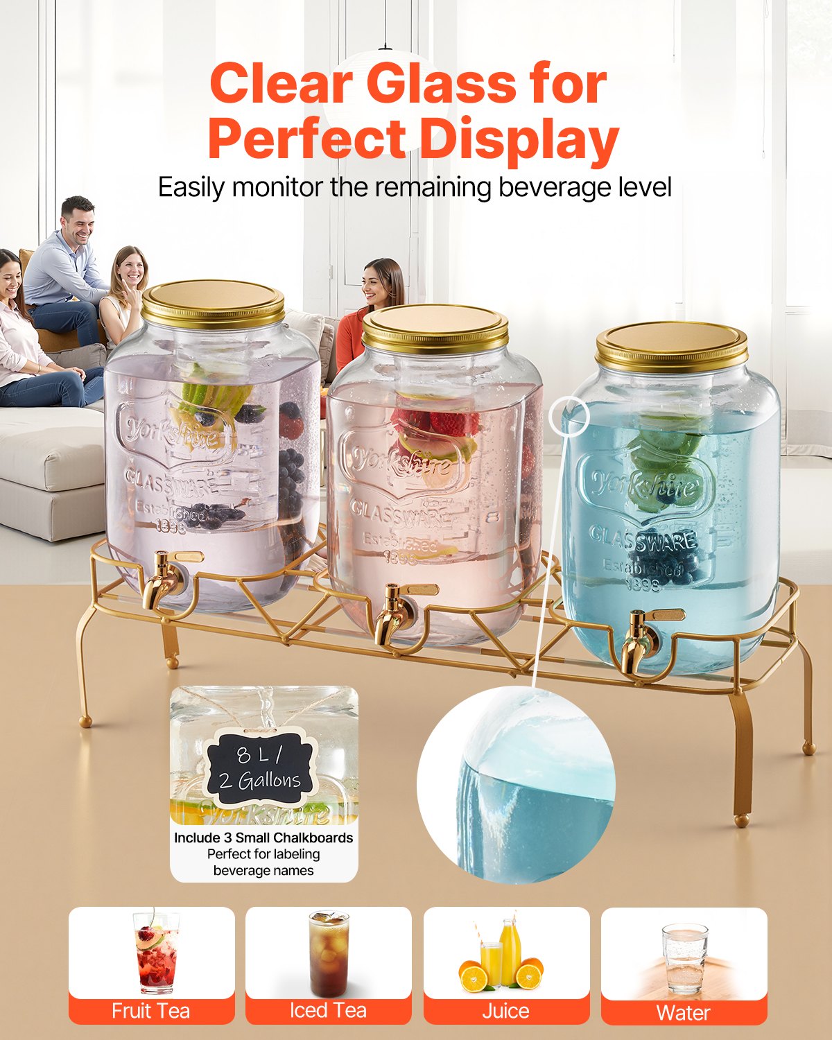 Beverage Dispenser, 3 Pack 2 Gallon Drink Dispensers for Parties, Glass Juice Dispenser with Metal Stand, Stainless Steel Spigot, Infuser, Iced Tea Lemonade Juice Water Dispensers for Parties