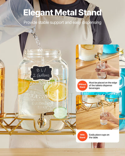 Beverage Dispenser, 3 Pack 2 Gallon Drink Dispensers for Parties, Glass Juice Dispenser with Metal Stand, Stainless Steel Spigot, Infuser, Iced Tea Lemonade Juice Water Dispensers for Parties