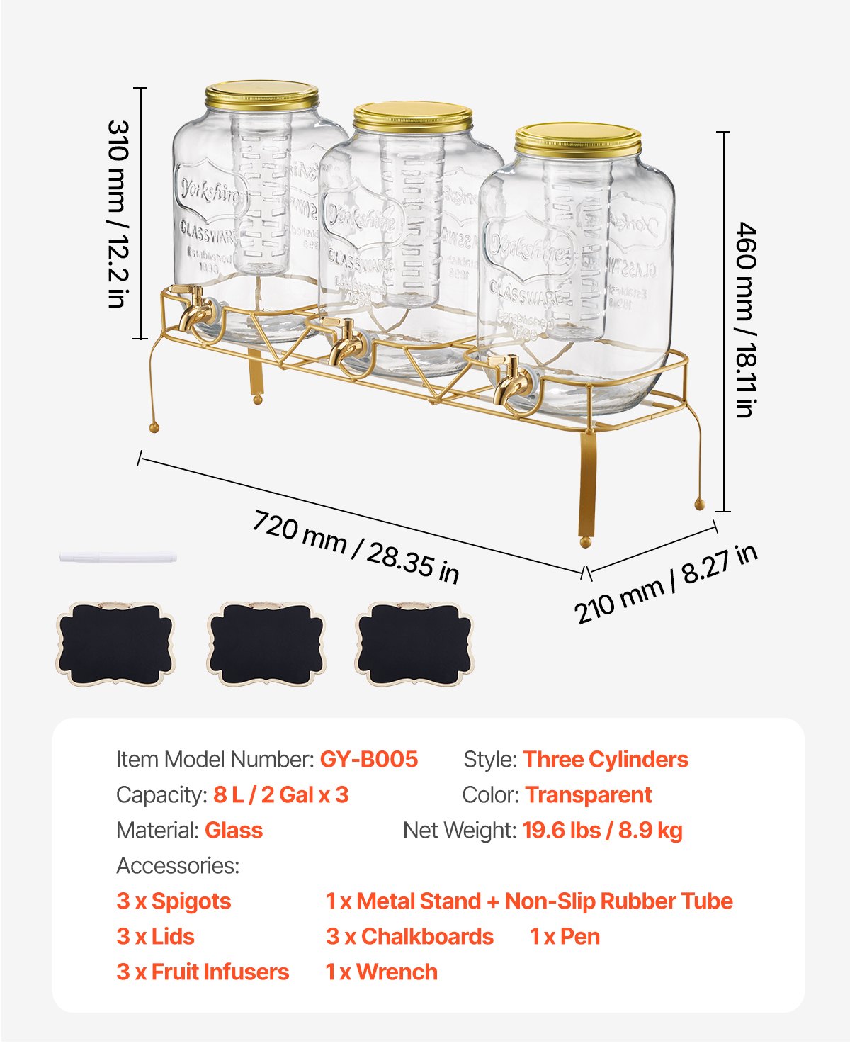 Beverage Dispenser, 3 Pack 2 Gallon Drink Dispensers for Parties, Glass Juice Dispenser with Metal Stand, Stainless Steel Spigot, Infuser, Iced Tea Lemonade Juice Water Dispensers for Parties