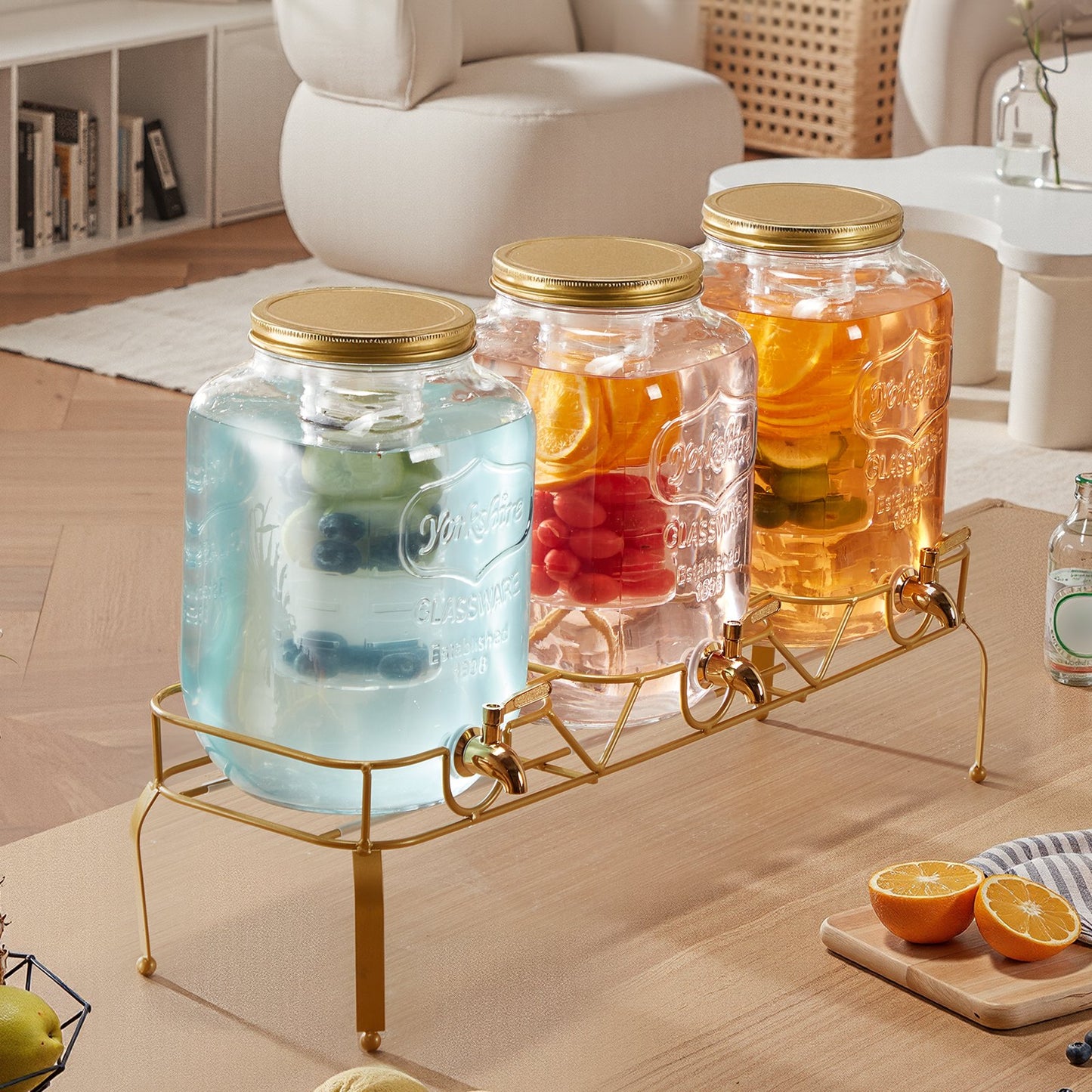 Beverage Dispenser, 3 Pack 2 Gallon Drink Dispensers for Parties, Glass Juice Dispenser with Metal Stand, Stainless Steel Spigot, Infuser, Iced Tea Lemonade Juice Water Dispensers for Parties