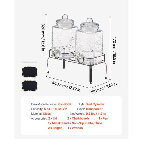 Drinks Dispenser 5.5L Drinks Dispenser for Parties Glass with Stand 2 PCS