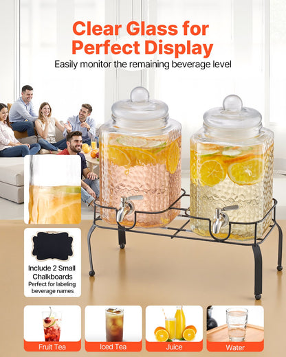 Beverage Dispenser, 2 Pack 1.5 Gallon Drink Dispensers for Parties, Glass Juice Dispenser with Metal Stand, Stainless Steel Spigot, Iced Tea Lemonade Juice Water Dispensers for Parties