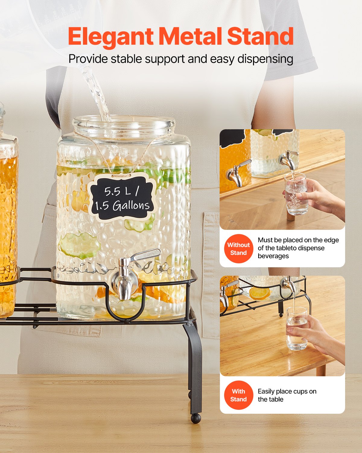 Beverage Dispenser, 2 Pack 1.5 Gallon Drink Dispensers for Parties, Glass Juice Dispenser with Metal Stand, Stainless Steel Spigot, Iced Tea Lemonade Juice Water Dispensers for Parties