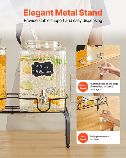 Beverage Dispenser, 2 Pack 1.5 Gallon Drink Dispensers for Parties, Glass Juice Dispenser with Metal Stand, Stainless Steel Spigot, Iced Tea Lemonade Juice Water Dispensers for Parties