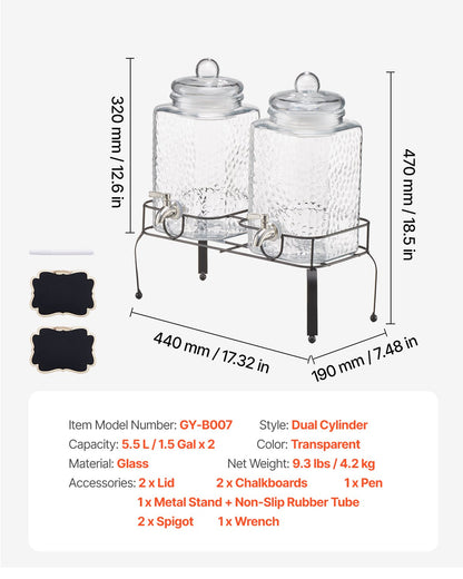 Beverage Dispenser, 2 Pack 1.5 Gallon Drink Dispensers for Parties, Glass Juice Dispenser with Metal Stand, Stainless Steel Spigot, Iced Tea Lemonade Juice Water Dispensers for Parties