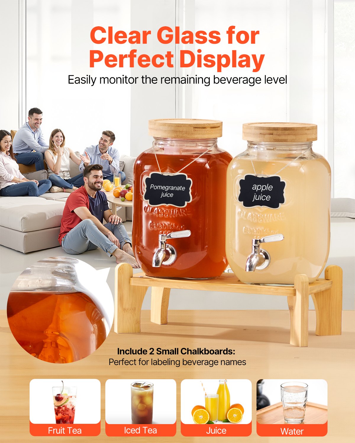 Beverage Dispenser, 2 Pack 1 Gallon Drink Dispensers for Parties, Glass Juice Dispenser with Wood Stand, Stainless Steel Spigot, Infuser, Iced Tea Lemonade Juice Water Dispensers for Parties