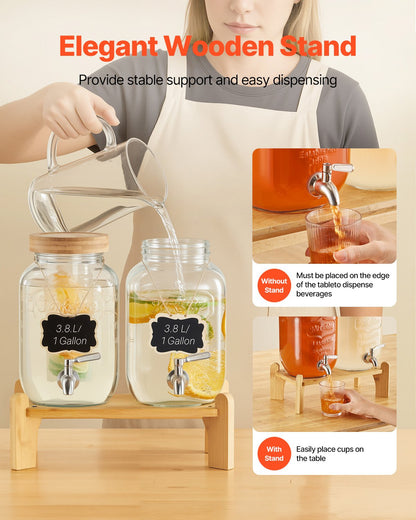 Beverage Dispenser, 2 Pack 1 Gallon Drink Dispensers for Parties, Glass Juice Dispenser with Wood Stand, Stainless Steel Spigot, Infuser, Iced Tea Lemonade Juice Water Dispensers for Parties