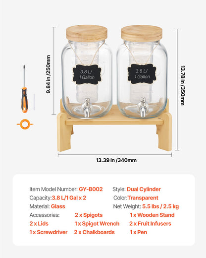 Beverage Dispenser, 2 Pack 1 Gallon Drink Dispensers for Parties, Glass Juice Dispenser with Wood Stand, Stainless Steel Spigot, Infuser, Iced Tea Lemonade Juice Water Dispensers for Parties