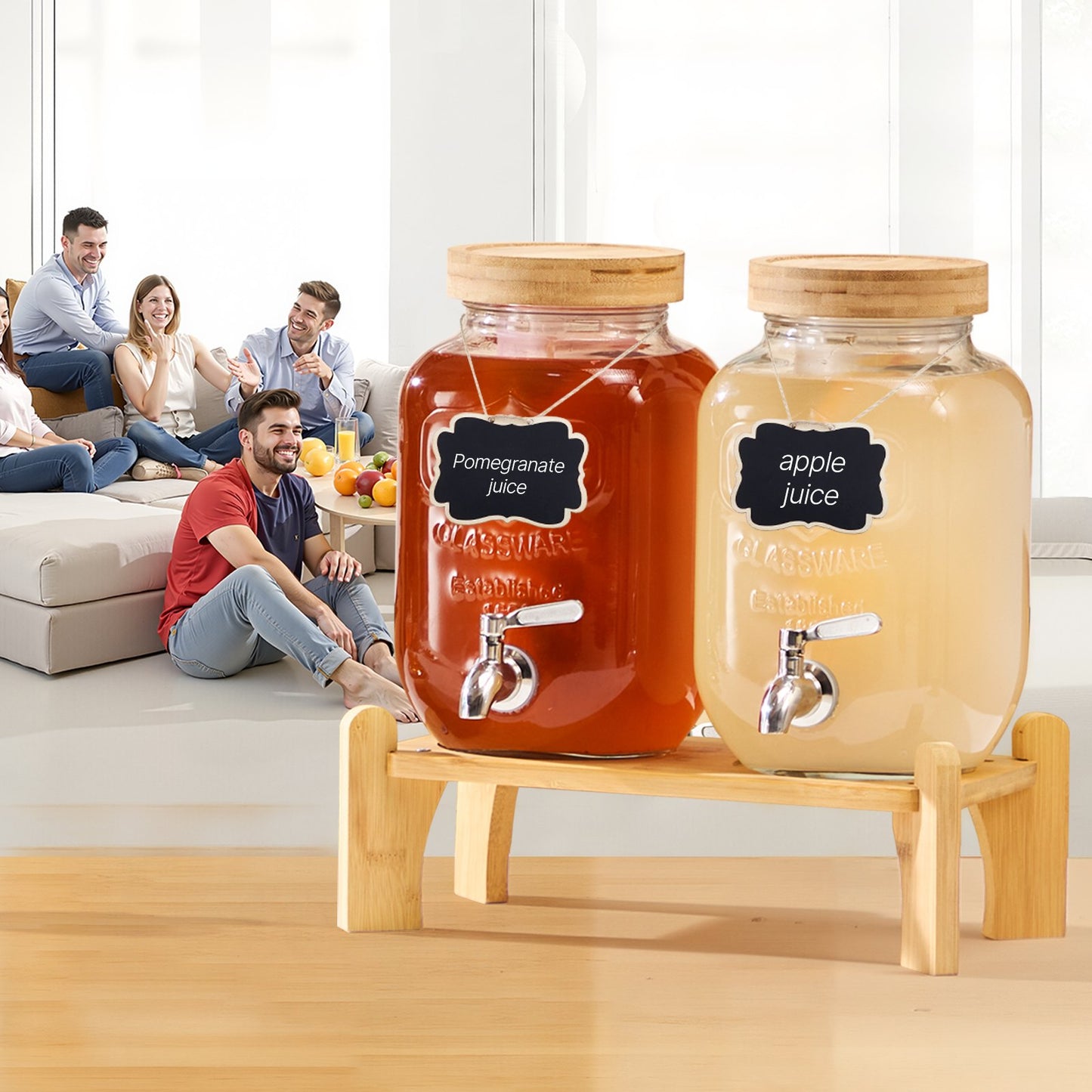 Beverage Dispenser, 2 Pack 1 Gallon Drink Dispensers for Parties, Glass Juice Dispenser with Wood Stand, Stainless Steel Spigot, Infuser, Iced Tea Lemonade Juice Water Dispensers for Parties