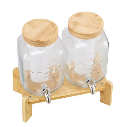 Beverage Dispenser, 2 Pack 1 Gallon Drink Dispensers for Parties, Glass Juice Dispenser with Wood Stand, Stainless Steel Spigot, Infuser, Iced Tea Lemonade Juice Water Dispensers for Parties