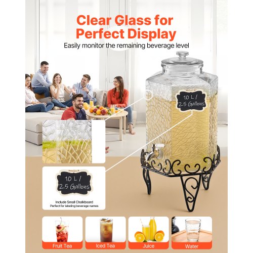Drinks Dispenser 10L Drinks Dispenser for Parties Glass with Stand