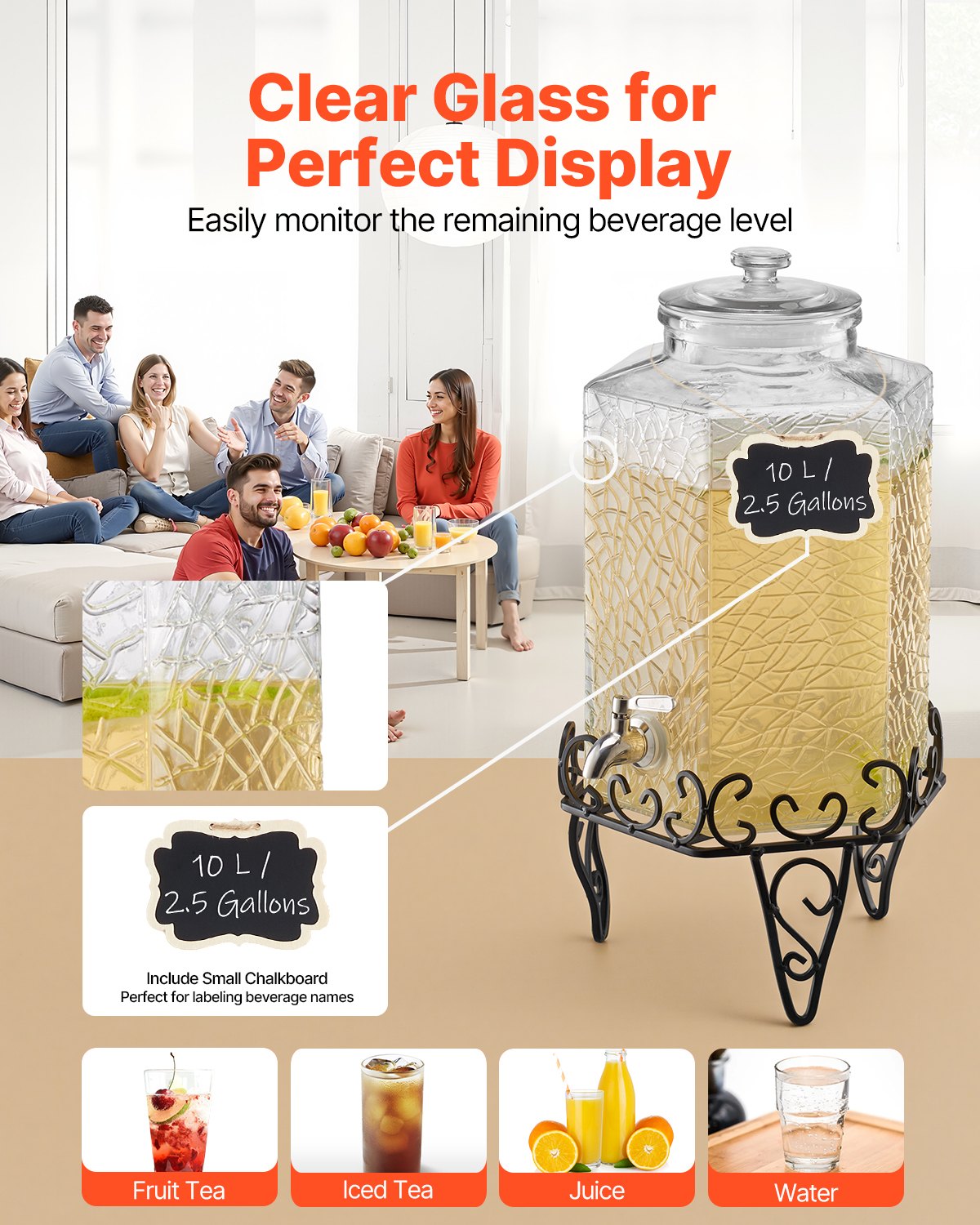 Beverage Dispenser, 2.5 Gallon Drink Dispensers for Parties, Glass Juice Dispenser with Metal Stand, Stainless Steel Spigot, Iced Tea Lemonade Juice Water Dispensers for Parties