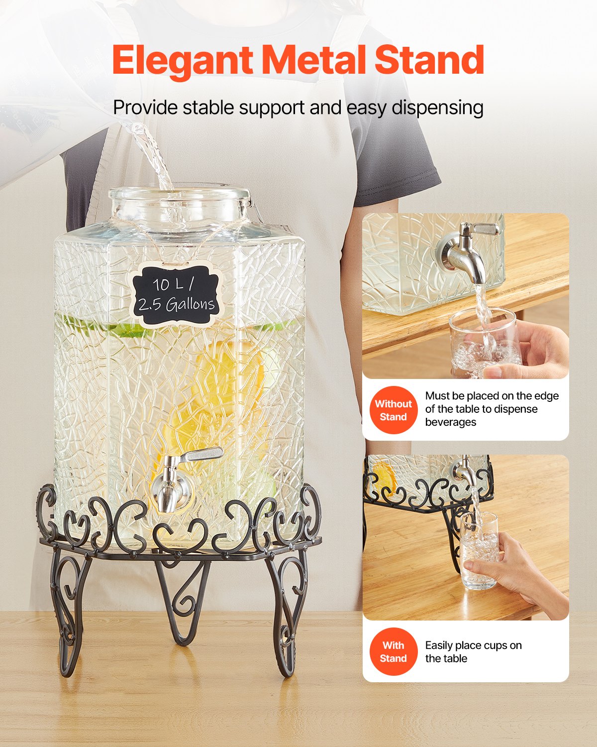 Beverage Dispenser, 2.5 Gallon Drink Dispensers for Parties, Glass Juice Dispenser with Metal Stand, Stainless Steel Spigot, Iced Tea Lemonade Juice Water Dispensers for Parties