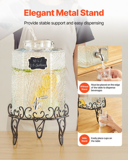 Beverage Dispenser, 2.5 Gallon Drink Dispensers for Parties, Glass Juice Dispenser with Metal Stand, Stainless Steel Spigot, Iced Tea Lemonade Juice Water Dispensers for Parties