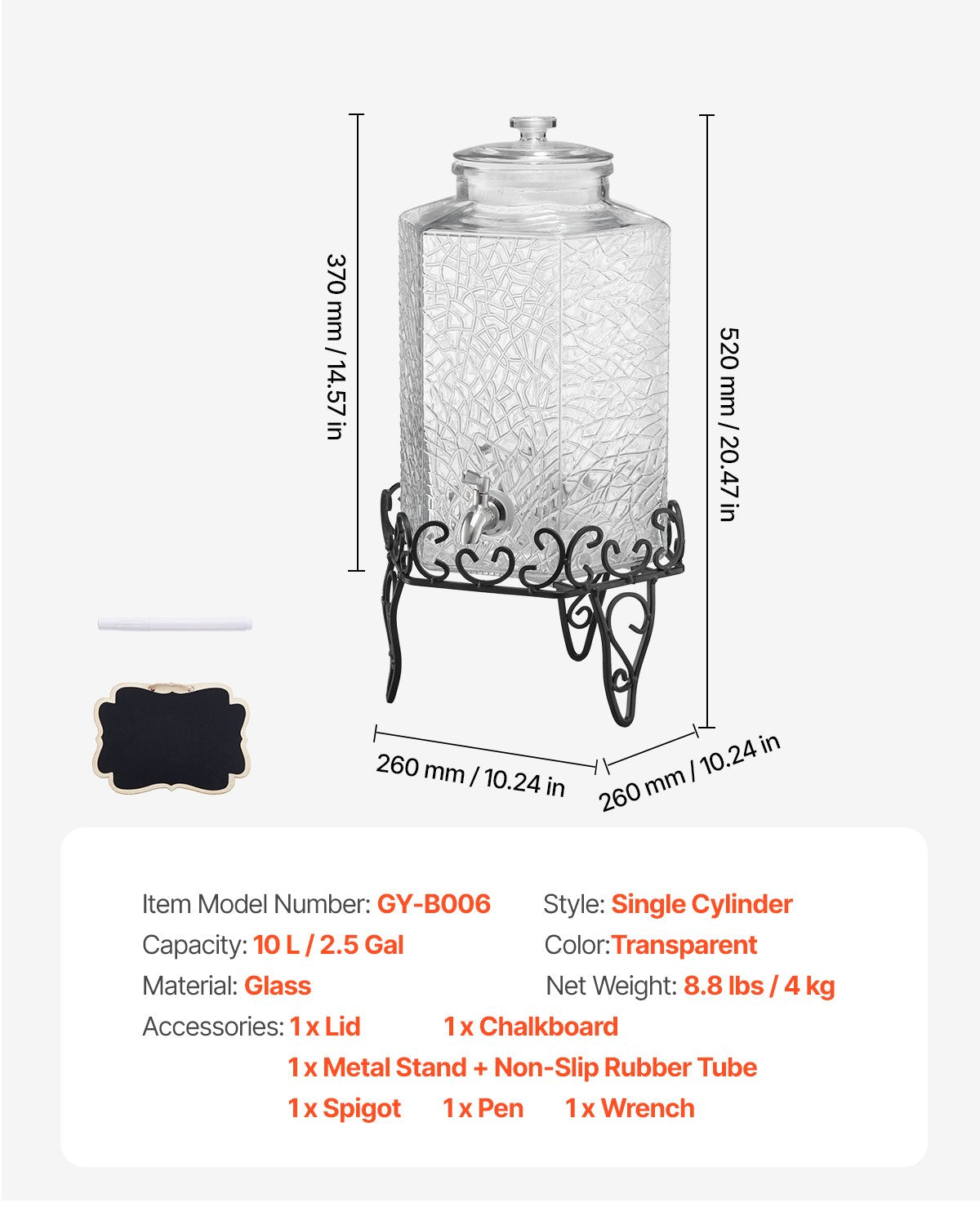 Beverage Dispenser, 2.5 Gallon Drink Dispensers for Parties, Glass Juice Dispenser with Metal Stand, Stainless Steel Spigot, Iced Tea Lemonade Juice Water Dispensers for Parties