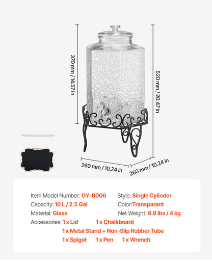 Beverage Dispenser, 2.5 Gallon Drink Dispensers for Parties, Glass Juice Dispenser with Metal Stand, Stainless Steel Spigot, Iced Tea Lemonade Juice Water Dispensers for Parties