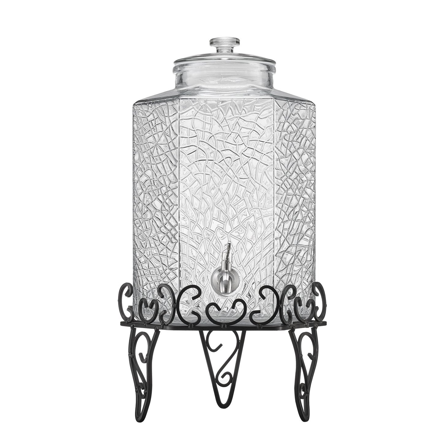 Beverage Dispenser, 2.5 Gallon Drink Dispensers for Parties, Glass Juice Dispenser with Metal Stand, Stainless Steel Spigot, Iced Tea Lemonade Juice Water Dispensers for Parties