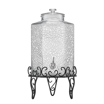 Beverage Dispenser, 2.5 Gallon Drink Dispensers for Parties, Glass Juice Dispenser with Metal Stand, Stainless Steel Spigot, Iced Tea Lemonade Juice Water Dispensers for Parties