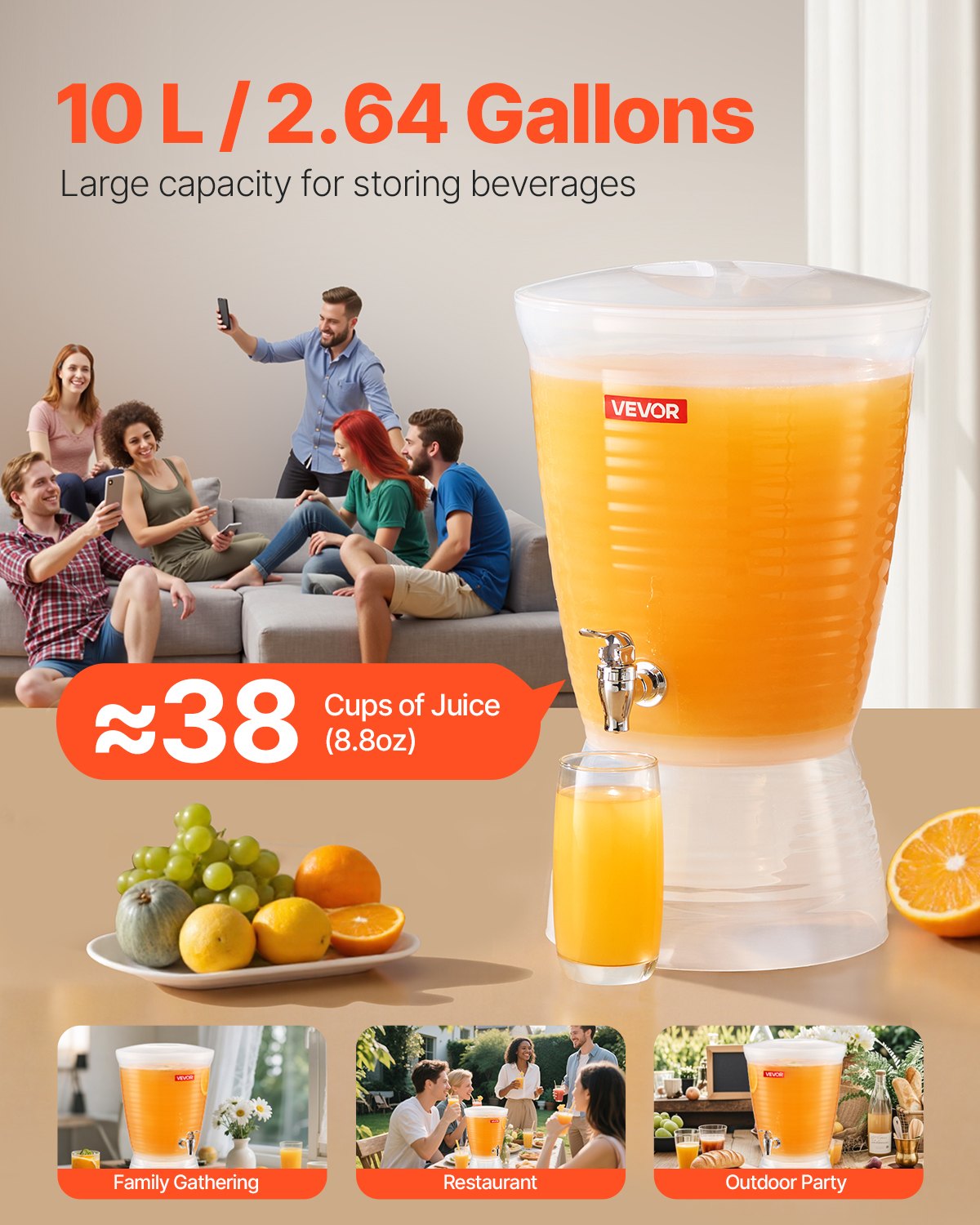 Beverage Dispenser, 2.64 Gallon Drink Dispenser for Parties, Plastic Juice Dispensers with Spigot Ice Chamber, Iced Tea Lemonade Juice Water Dispensers, for Restaurants, Hotels, Parties