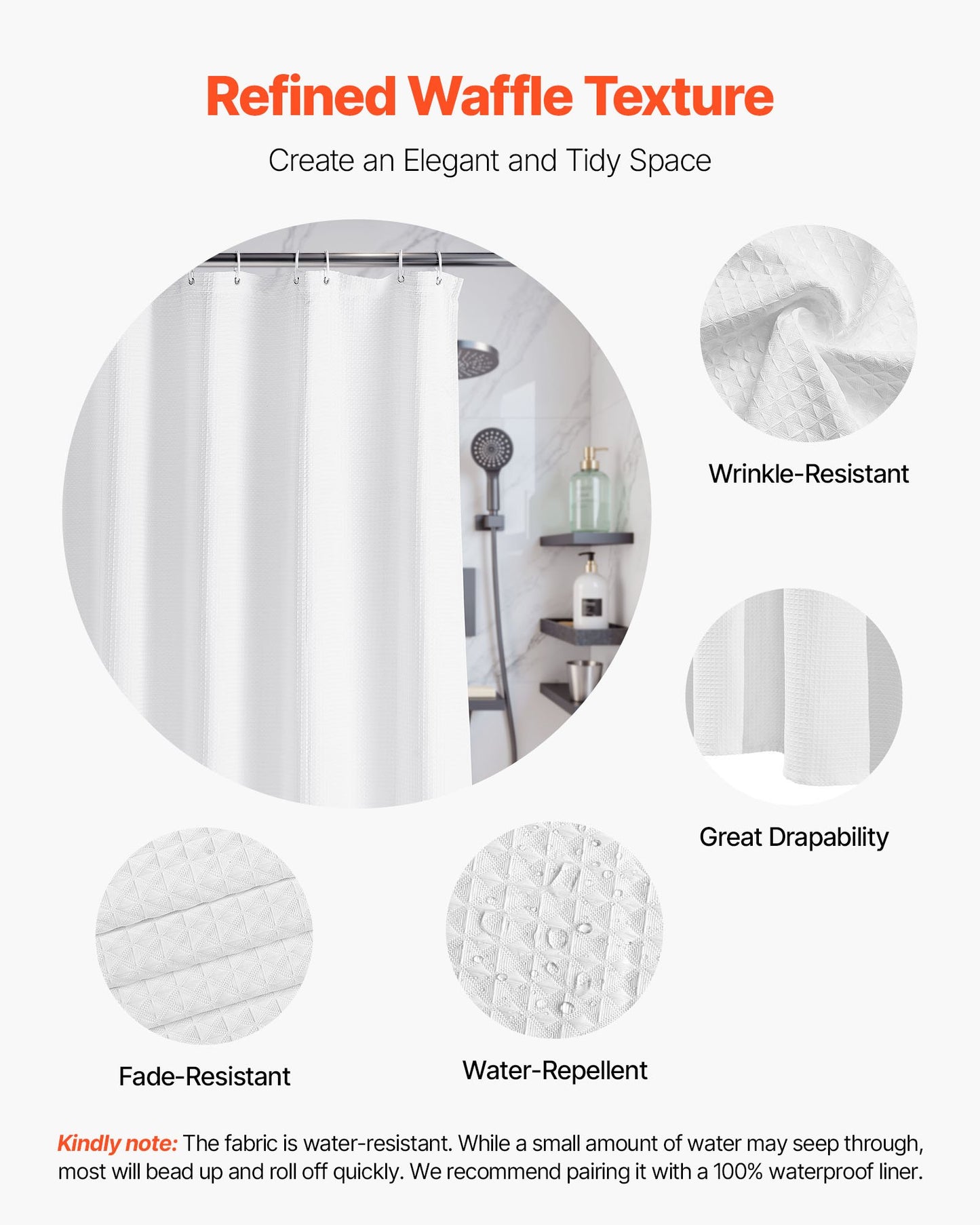 White Fabric Shower Curtain, 240 GSM Weighted Waffle Shower Curtains, Polyester Curtain with Rust-Resistant Hooks, Machine Washable & Water Repellent, for Bathroom Showers, Bath Tubs, 72x72 in