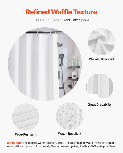 White Fabric Shower Curtain, 240 GSM Weighted Waffle Shower Curtains, Polyester Curtain with Rust-Resistant Hooks, Machine Washable & Water Repellent, for Bathroom Showers, Bath Tubs, 72x72 in