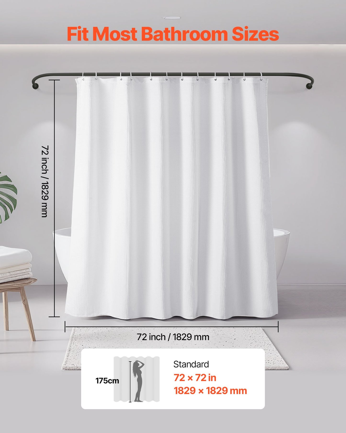 White Fabric Shower Curtain, 240 GSM Weighted Waffle Shower Curtains, Polyester Curtain with Rust-Resistant Hooks, Machine Washable & Water Repellent, for Bathroom Showers, Bath Tubs, 72x72 in