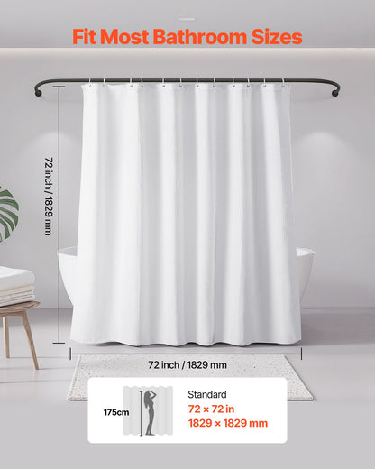 White Fabric Shower Curtain, 240 GSM Weighted Waffle Shower Curtains, Polyester Curtain with Rust-Resistant Hooks, Machine Washable & Water Repellent, for Bathroom Showers, Bath Tubs, 72x72 in
