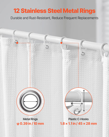 White Fabric Shower Curtain, 240 GSM Weighted Waffle Shower Curtains, Polyester Curtain with Rust-Resistant Hooks, Machine Washable & Water Repellent, for Bathroom Showers, Bath Tubs, 72x72 in