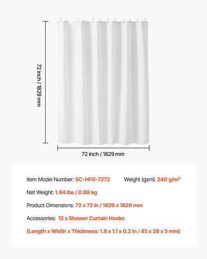 White Fabric Shower Curtain, 240 GSM Weighted Waffle Shower Curtains, Polyester Curtain with Rust-Resistant Hooks, Machine Washable & Water Repellent, for Bathroom Showers, Bath Tubs, 72x72 in