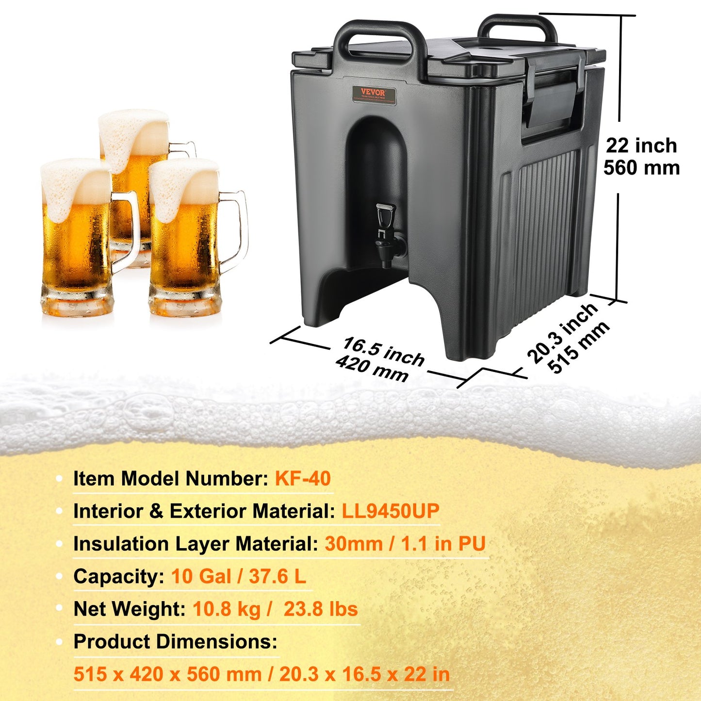 Insulated Beverage Dispenser, 10 Gallon, Food-grade LL9450UP Hot and Cold Beverage Server, Thermal Drink Dispenser Cooler with 1.18 in PU Layer Two-Stage Faucet Handle, for Restaurant Drink Shop