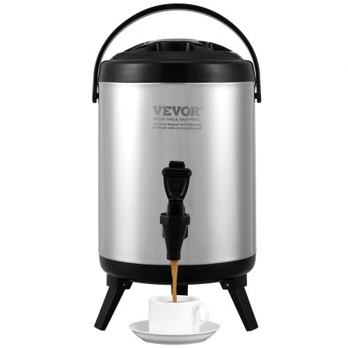 Stainless Steel Insulated Beverage Dispenser, 1.5 Gallon 6 Liter, Thermal Hot and Cold Drink Server Dispenser with Spigot Handle, Food-grade for Hot Tea Coffee Water Restaurant Drink Shop