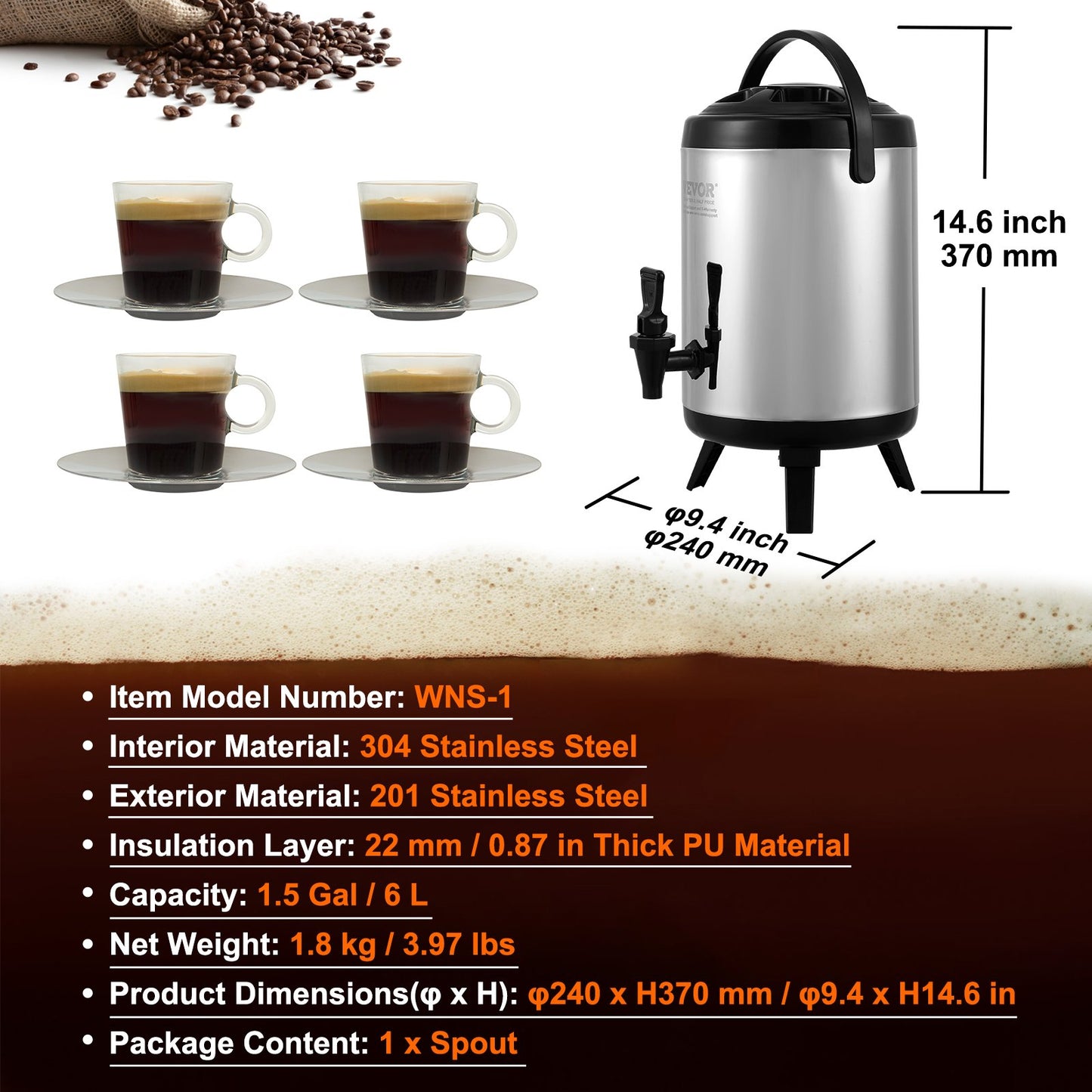 Isolierter Getränkespender aus Edelstahl, 1,5 Gallonen (6 Liter), Thermo-Serviergerät für heiße und kalte Getränke mit Zapfhahn, Lebensmittelqualität für heißen Tee, Kaffee, Wasser, Restaurant, Getränkeladen