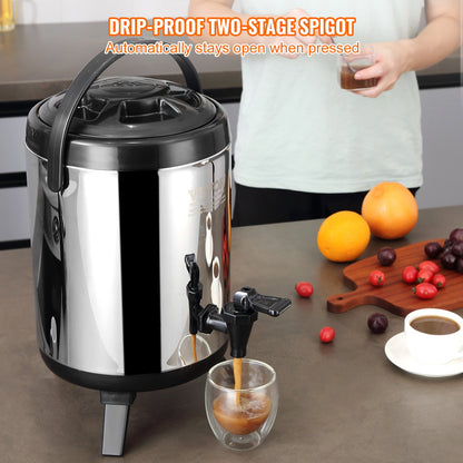 Stainless Steel Insulated Beverage Dispenser, 1.5 Gallon 6 Liter, Thermal Hot and Cold Drink Server Dispenser with Spigot Handle, Food-grade for Hot Tea Coffee Water Restaurant Drink Shop