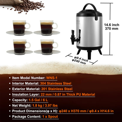 Stainless Steel Insulated Beverage Dispenser, 1.5 Gallon 6 Liter, Thermal Hot and Cold Drink Server Dispenser with Spigot Handle, Food-grade for Hot Tea Coffee Water Restaurant Drink Shop