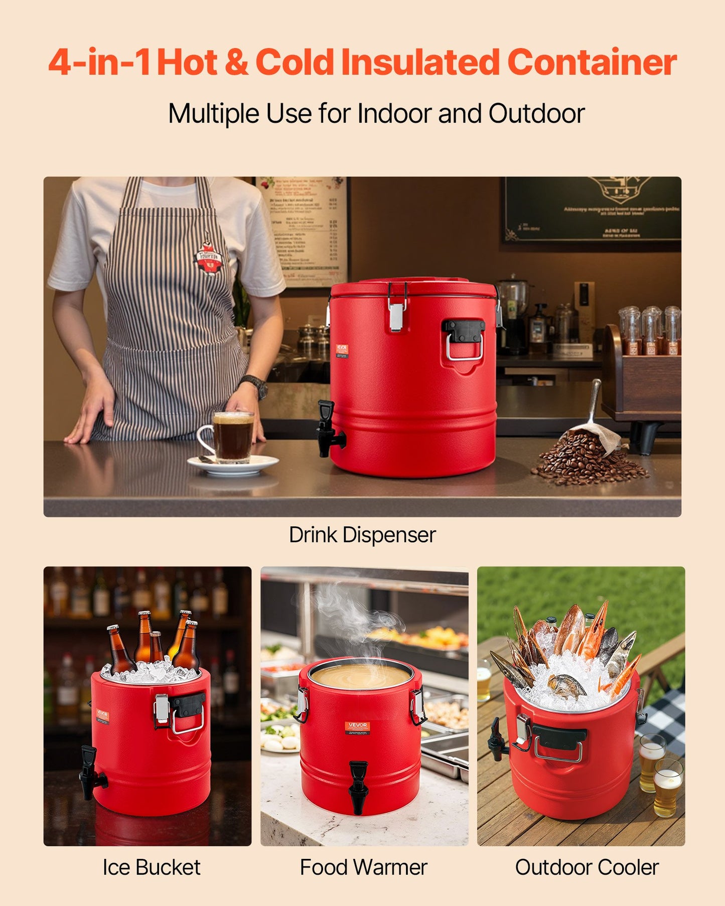Insulated Beverage Dispenser, 8 Gal/30.3L Thermal Hot and Cold Drink Server Dispenser with Spigot, Food-Grade Cooler Jug with 304 Stainless Steel Interior, for Tea Coffee Restaurant Outdoor