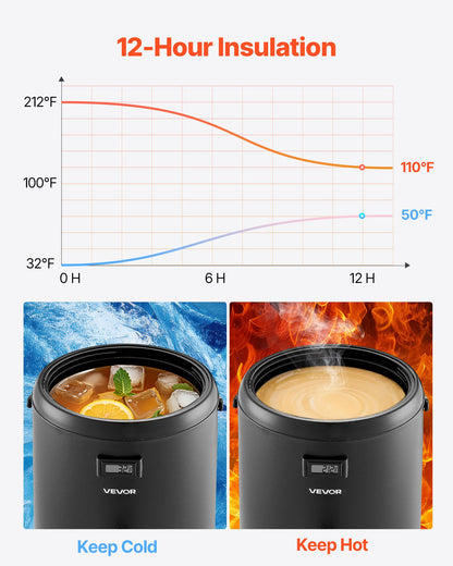 Insulated Beverage Dispenser, 3.2 Gal/12L Stainless Steel Thermal Drink Server with Spigot & Temp Display, Suitable for Hot and Cold Drinks, for Tea Coffee Water in Cafes & Restaurants, Black