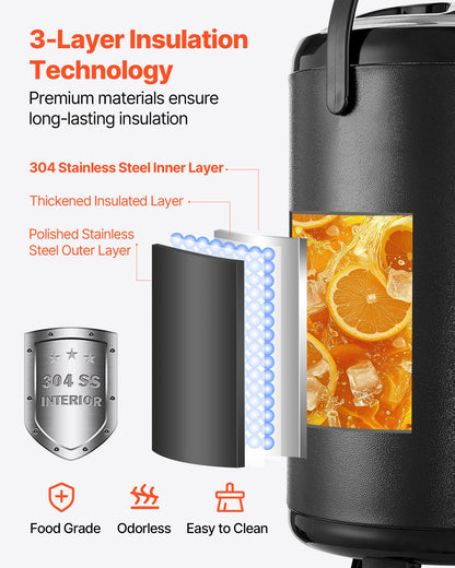 Insulated Beverage Dispenser, 3.2 Gal/12L Stainless Steel Thermal Drink Server with Spigot & Temp Display, Suitable for Hot and Cold Drinks, for Tea Coffee Water in Cafes & Restaurants, Black