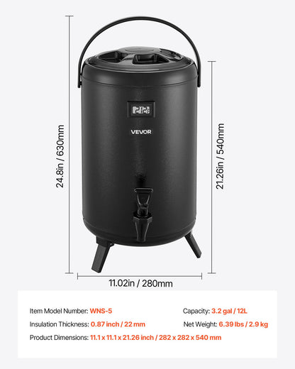 Insulated Beverage Dispenser, 3.2 Gal/12L Stainless Steel Thermal Drink Server with Spigot & Temp Display, Suitable for Hot and Cold Drinks, for Tea Coffee Water in Cafes & Restaurants, Black