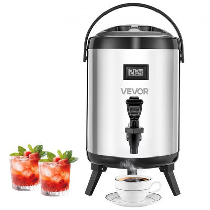 Insulated Beverage Dispenser, 1.5 Gal/6L Stainless Steel Thermal Drink Server with Spigot & Temp Display, Suitable for Hot and Cold Drinks, for Tea Coffee Water in Cafes & Restaurants, Silver