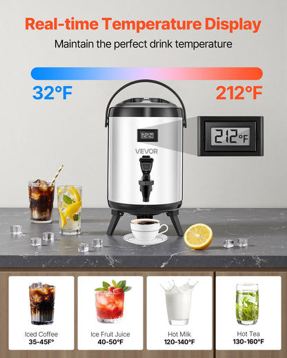 Insulated Beverage Dispenser, 1.5 Gal/6L Stainless Steel Thermal Drink Server with Spigot & Temp Display, Suitable for Hot and Cold Drinks, for Tea Coffee Water in Cafes & Restaurants, Silver