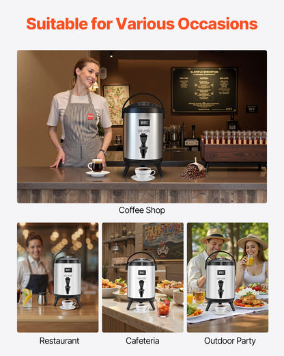 Insulated Beverage Dispenser, 1.5 Gal/6L Stainless Steel Thermal Drink Server with Spigot & Temp Display, Suitable for Hot and Cold Drinks, for Tea Coffee Water in Cafes & Restaurants, Silver
